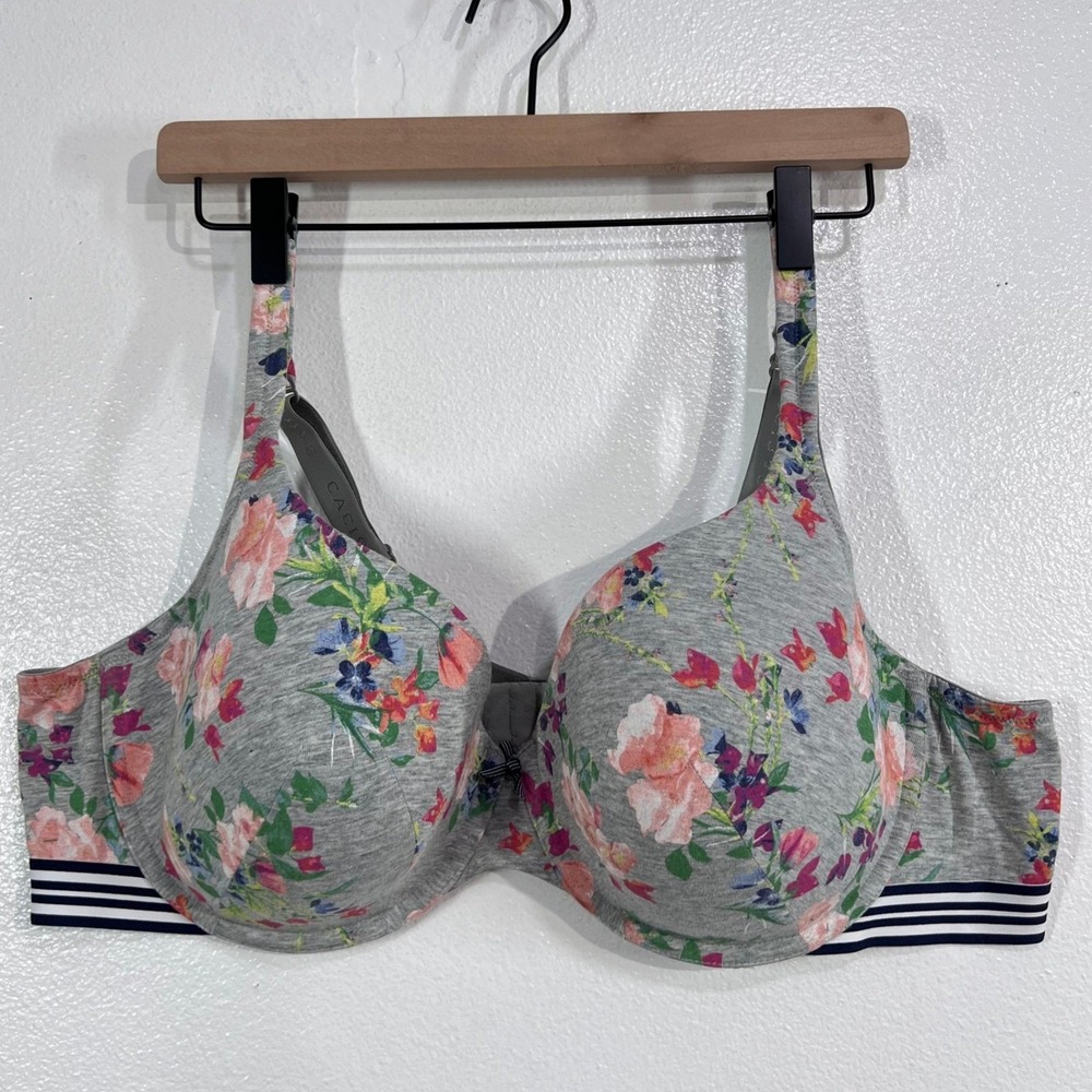 Cacique Lane Bryant Cotton T-Shirt Underwire Bra 46C Gray Floral Striped Band